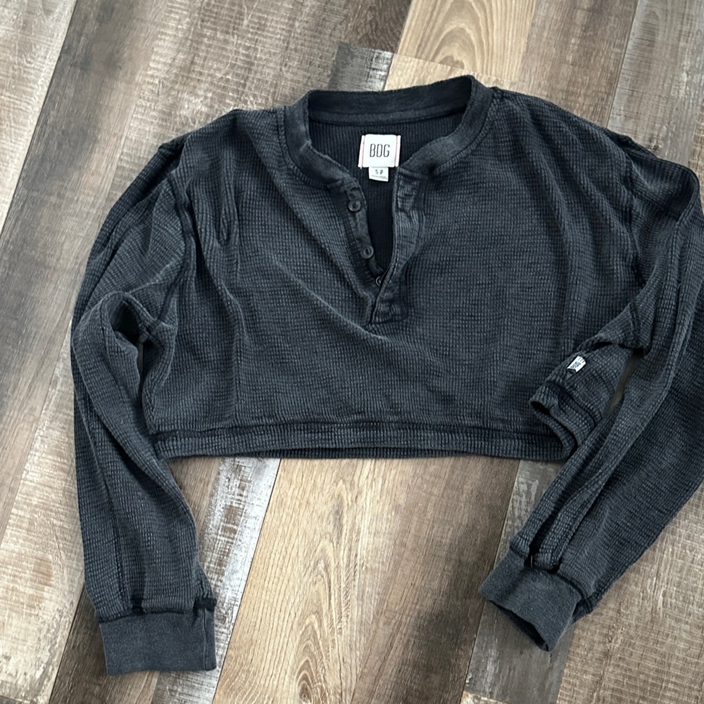 BDG Black Cropped Waffle Henley Top